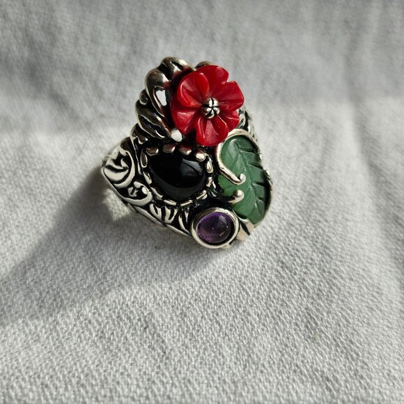 Floral Sterling Ring with Genuine Gems - Picture 1 of 6